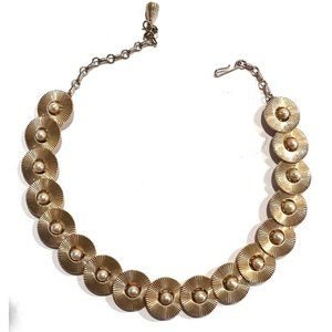 Vintage Gold Disc Faux Pearl Link Adjustable Necklace Mid Century Costume